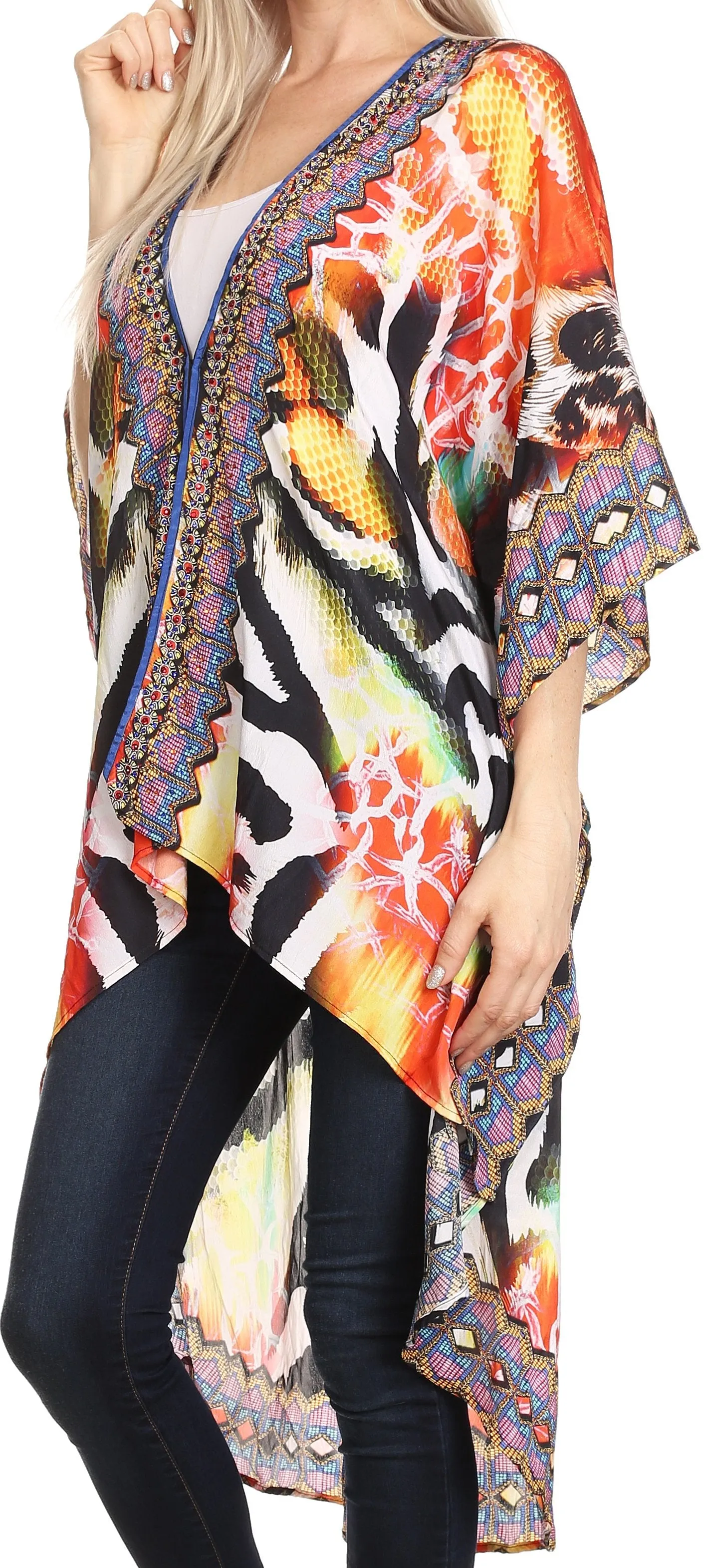 Sakkas Osiris Embellished Hi Low V-Neck Clasp Beach Cover-Up Kimono Kaftan Tunic