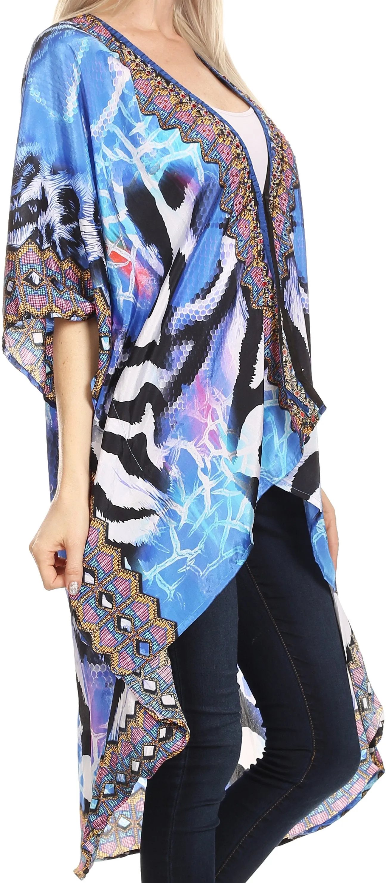 Sakkas Osiris Embellished Hi Low V-Neck Clasp Beach Cover-Up Kimono Kaftan Tunic