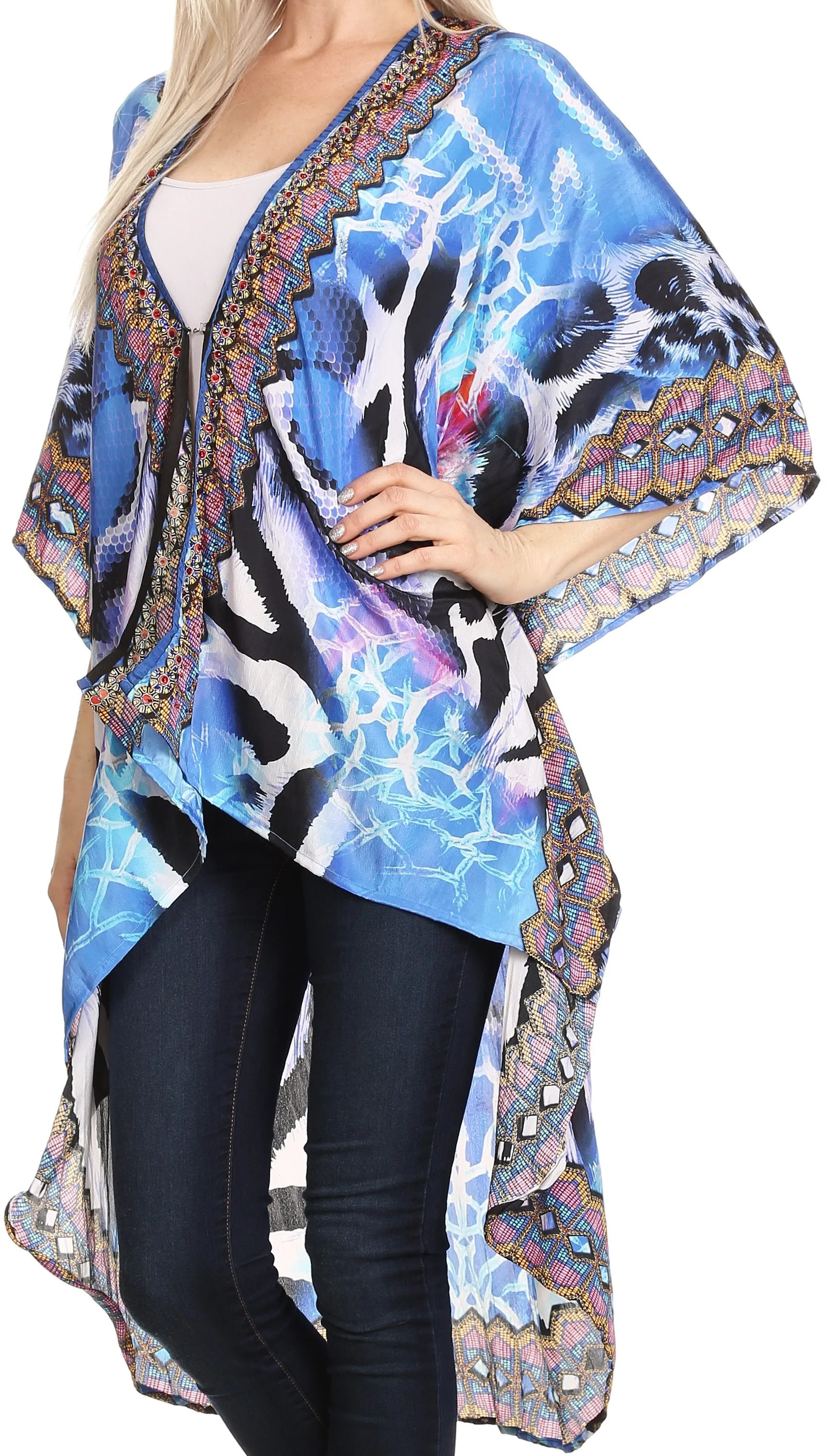 Sakkas Osiris Embellished Hi Low V-Neck Clasp Beach Cover-Up Kimono Kaftan Tunic