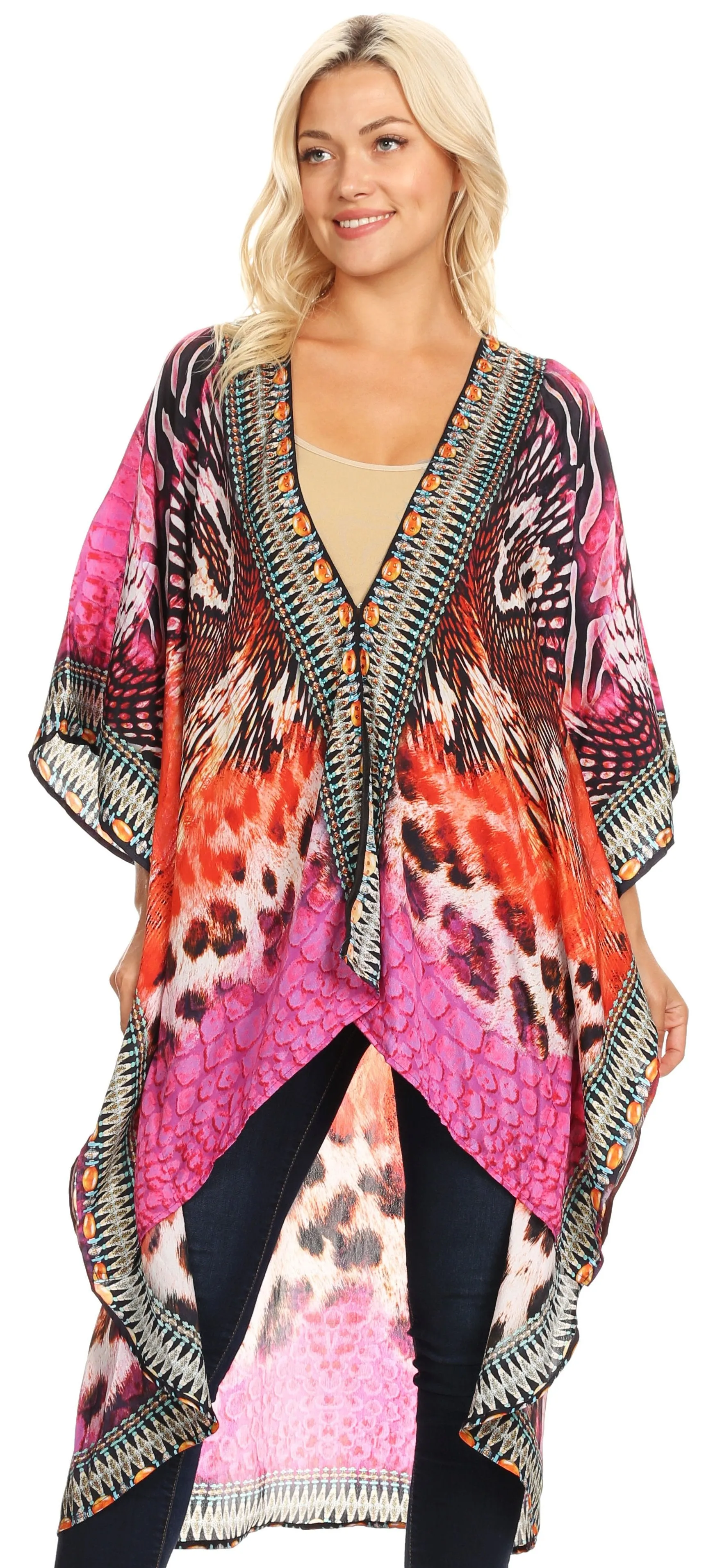 Sakkas Osiris Embellished Hi Low V-Neck Clasp Beach Cover-Up Kimono Kaftan Tunic