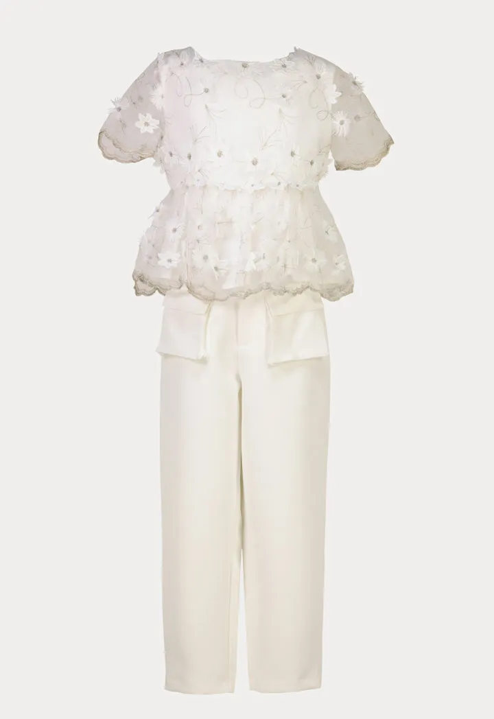 Scallop Floral Embroidery Sheer Blouse And Pants Set