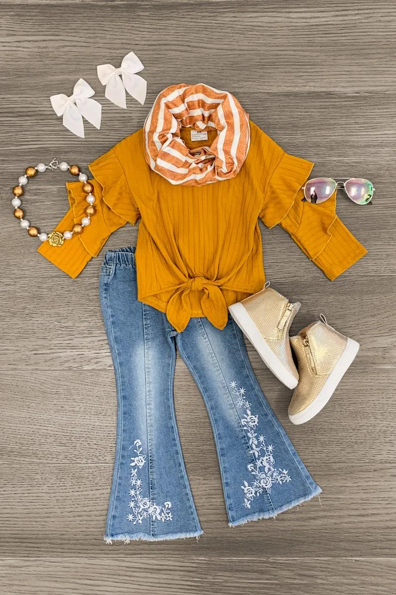 Scarf Denim Flare Set - 3 Piece Set