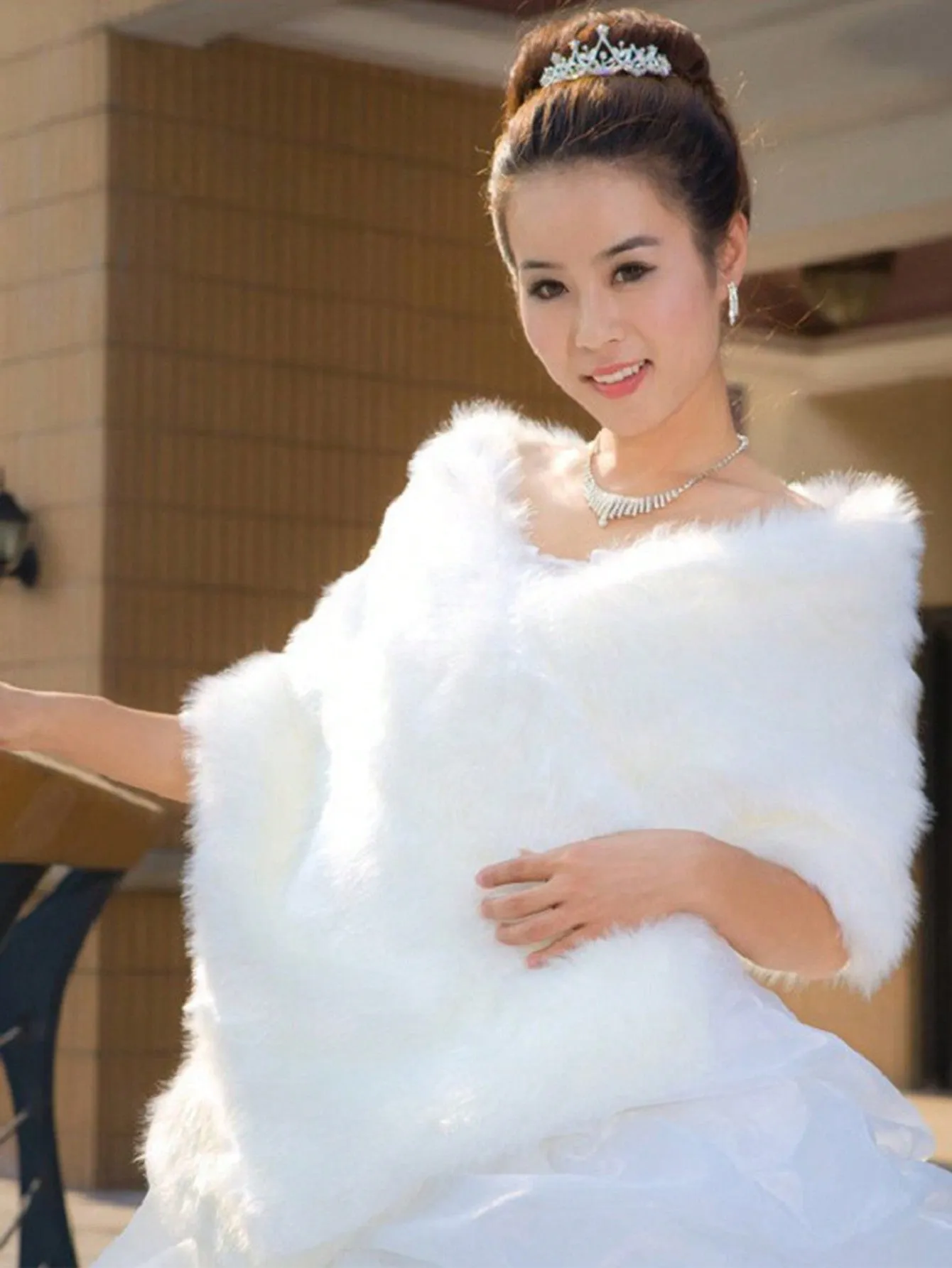 SHEIN 1pc Wedding White Long Shawl Bridal Cape Shawl For Wedding Dress Cloak Shoulder Cover