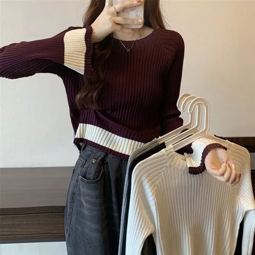 Short knit sweater women's autumn and winter 2024 new design sense niche thin net red long sleeve t-shirt top base layer