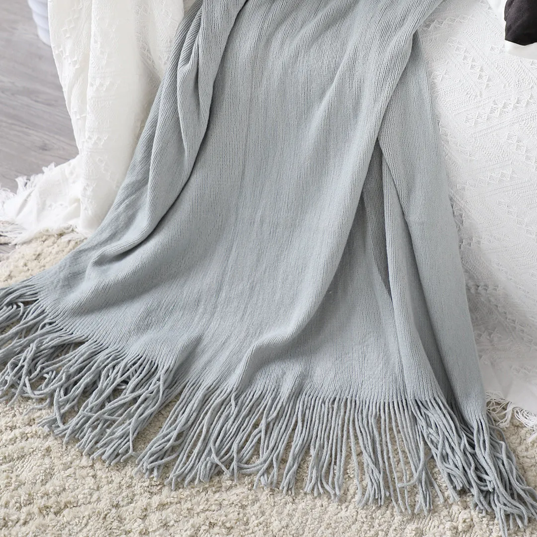 SOGA 2X Grey Acrylic Knitted Throw Blanket Solid Fringed Warm Cozy Woven Cover Couch Bed Sofa Home Decor