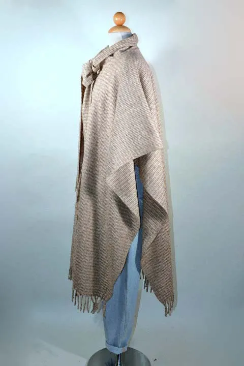 SOLD 60s Wool Cape, Poncho W/ Fringe   Scarf, Houndstooth Tweed