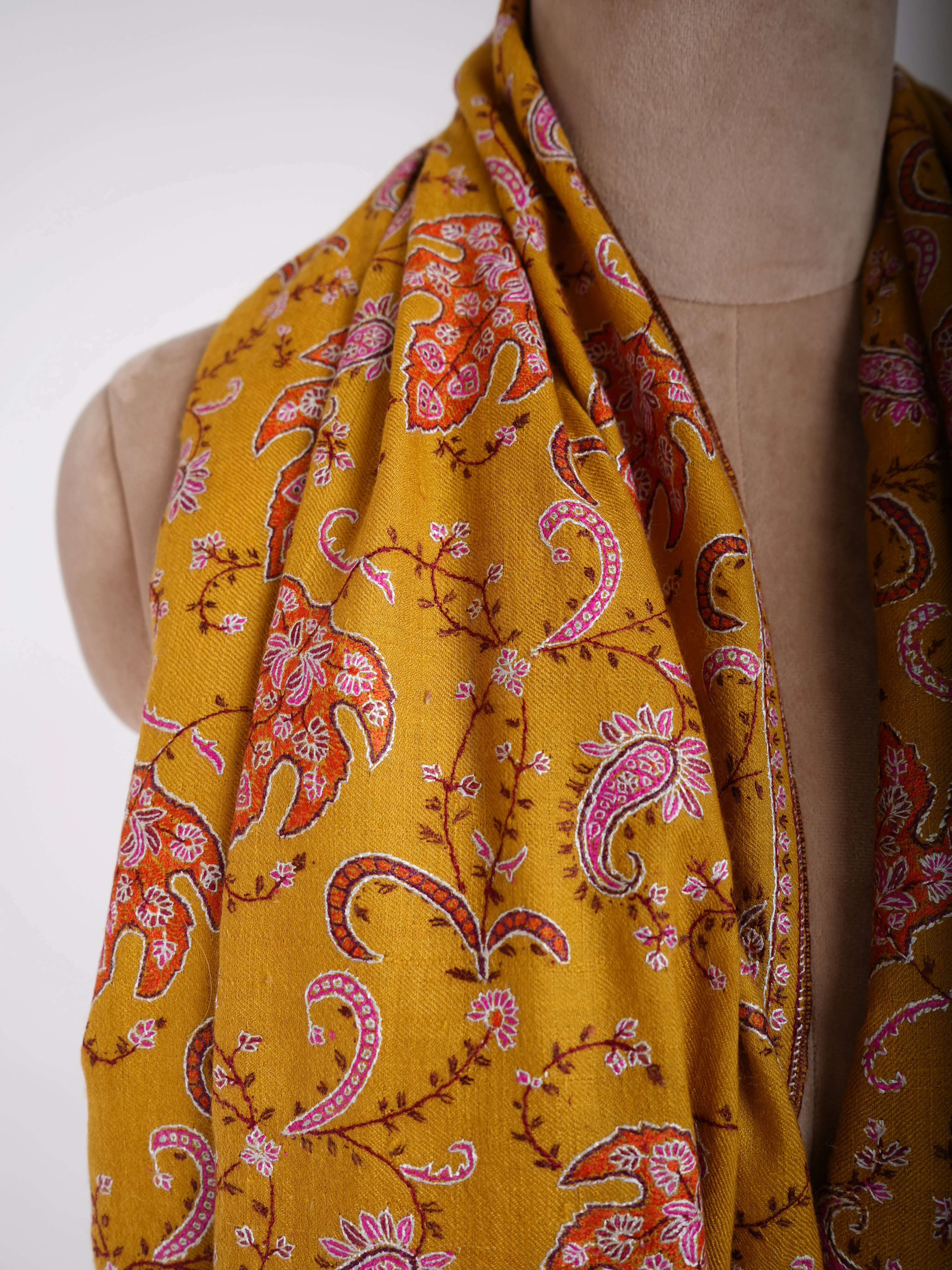 Sozni Jalldar Hand Embroidered Pashmina Shawl Gold