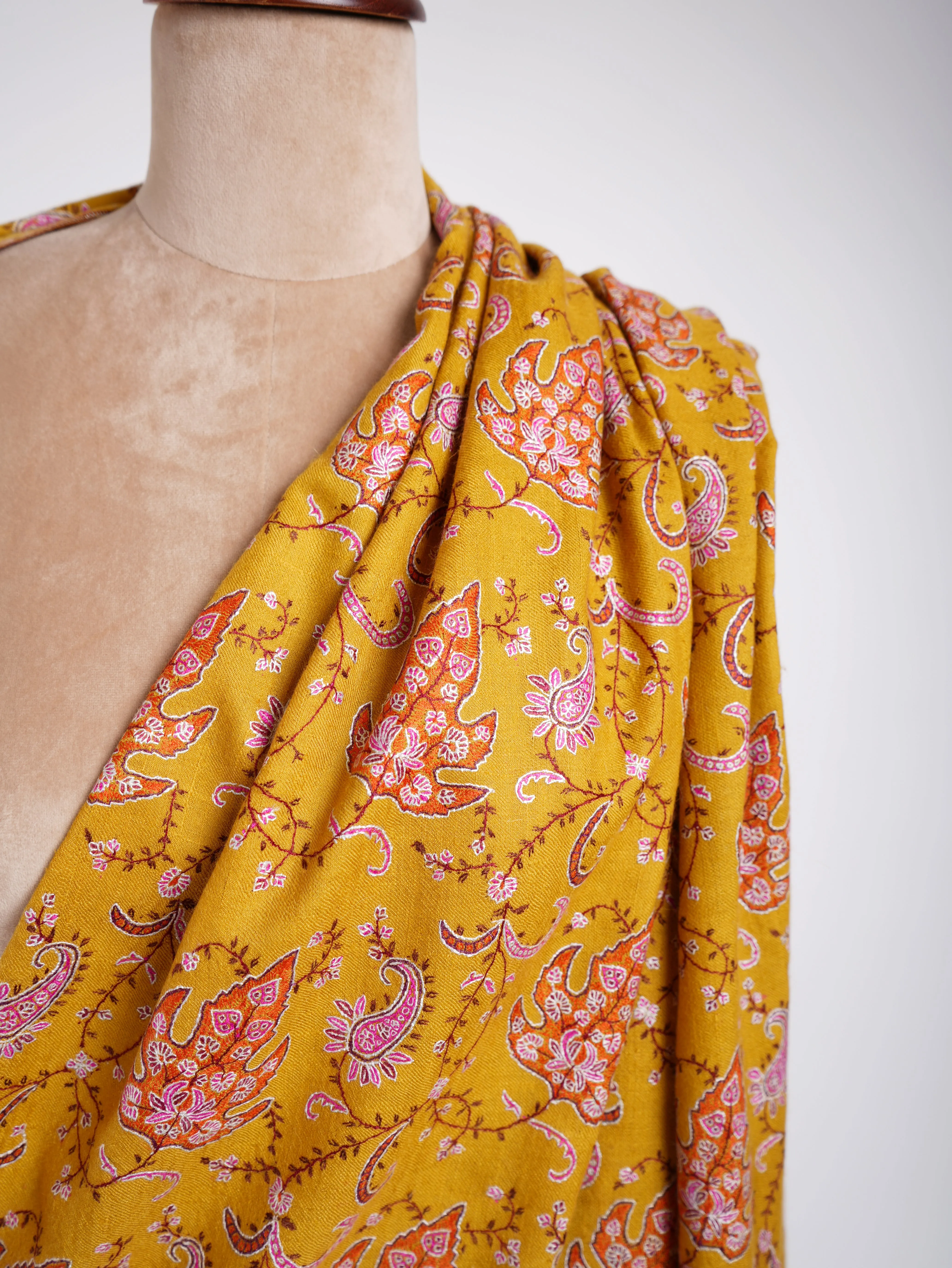 Sozni Jalldar Hand Embroidered Pashmina Shawl Gold