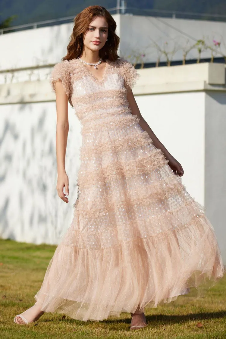 Sparkly Sequin V Neck Layered Ruffle Summer Tulle Evening Maxi Dress - Pink