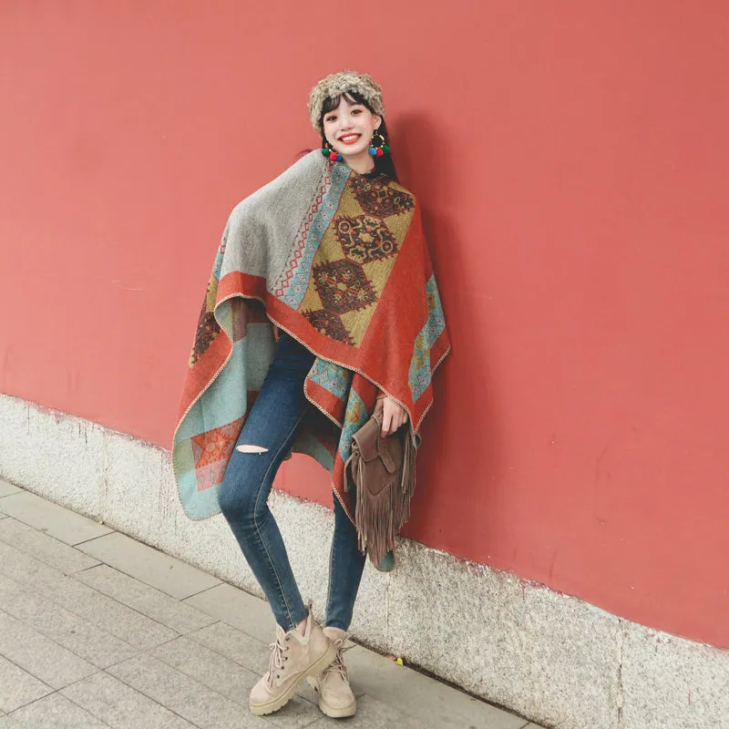 Spring and autumn ethnic style Cape travel warm Tibet imitation cashmere cape oversized Cape scarf