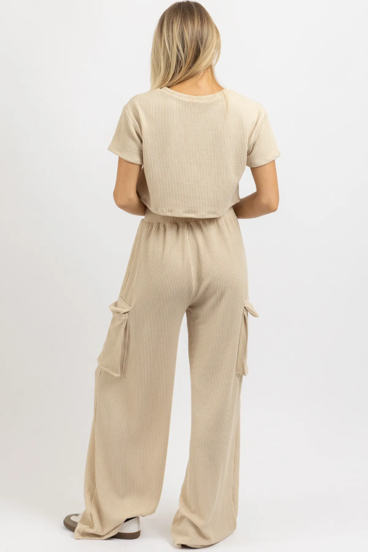 STONE RIBBED CARGO PANT SET