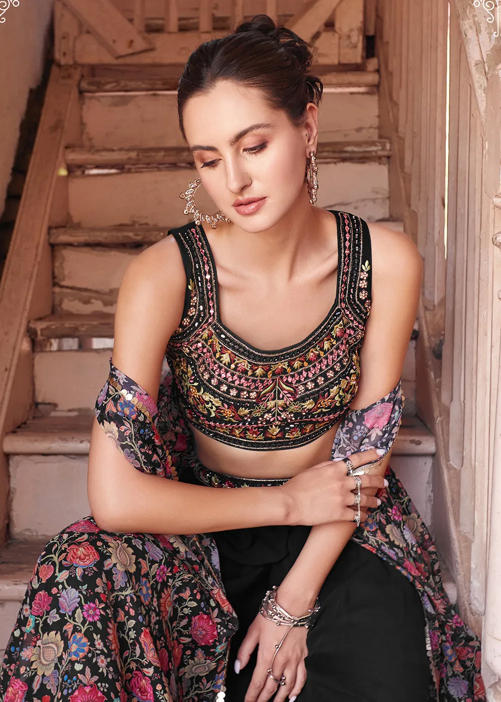 Stunning Black Designer Crop Top Style Sharara Suit