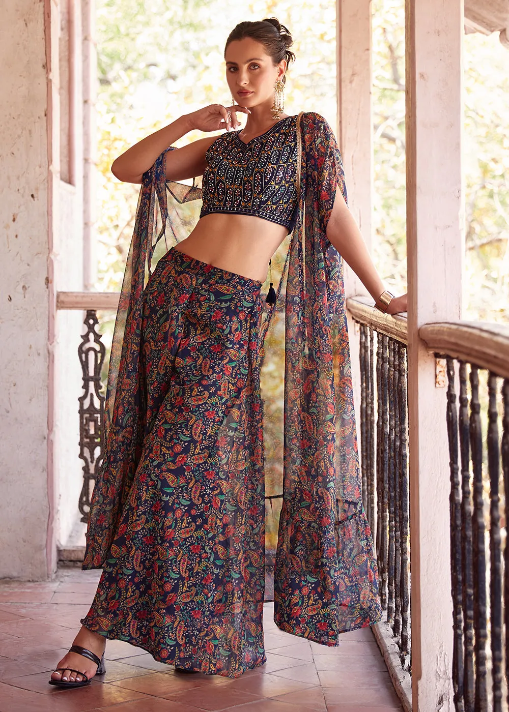 Stunning Blue Designer Crop Top Style Sharara Suit