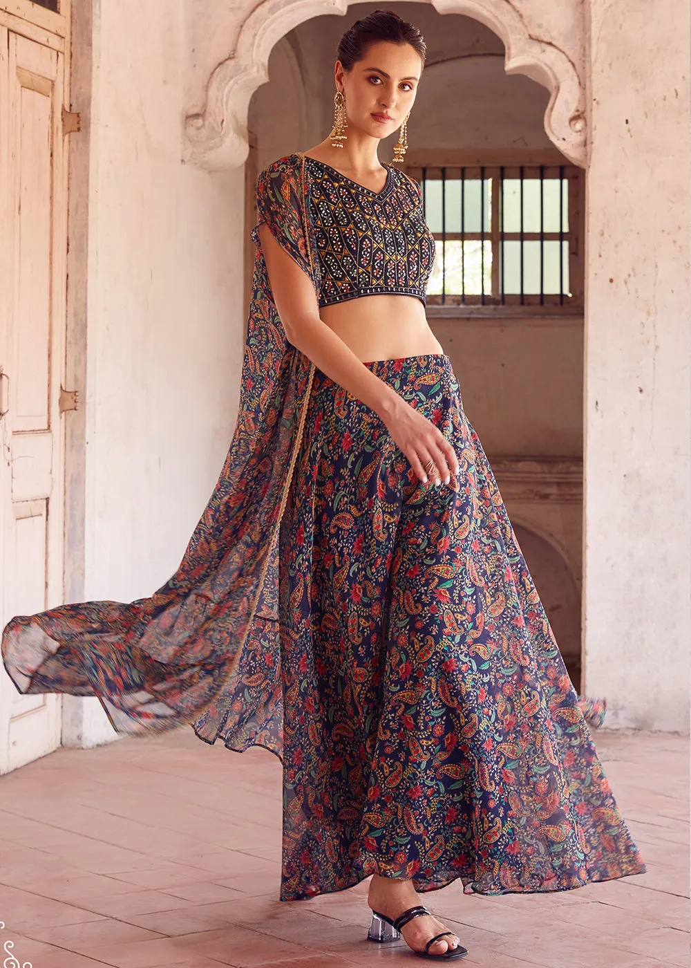 Stunning Blue Designer Crop Top Style Sharara Suit