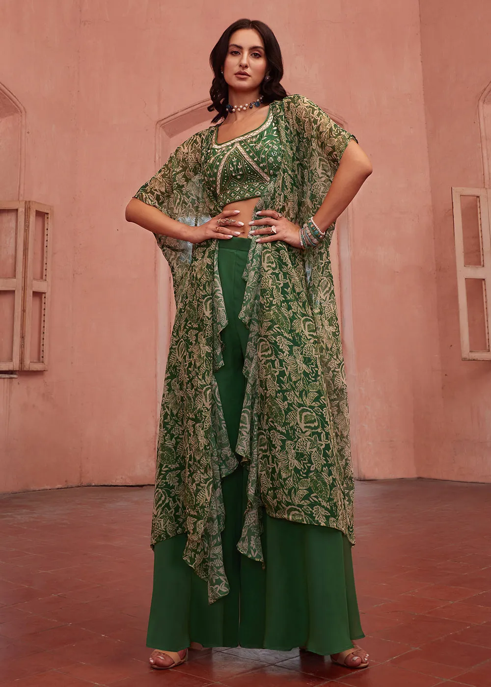 Stunning Green Designer Crop Top Style Sharara Suit