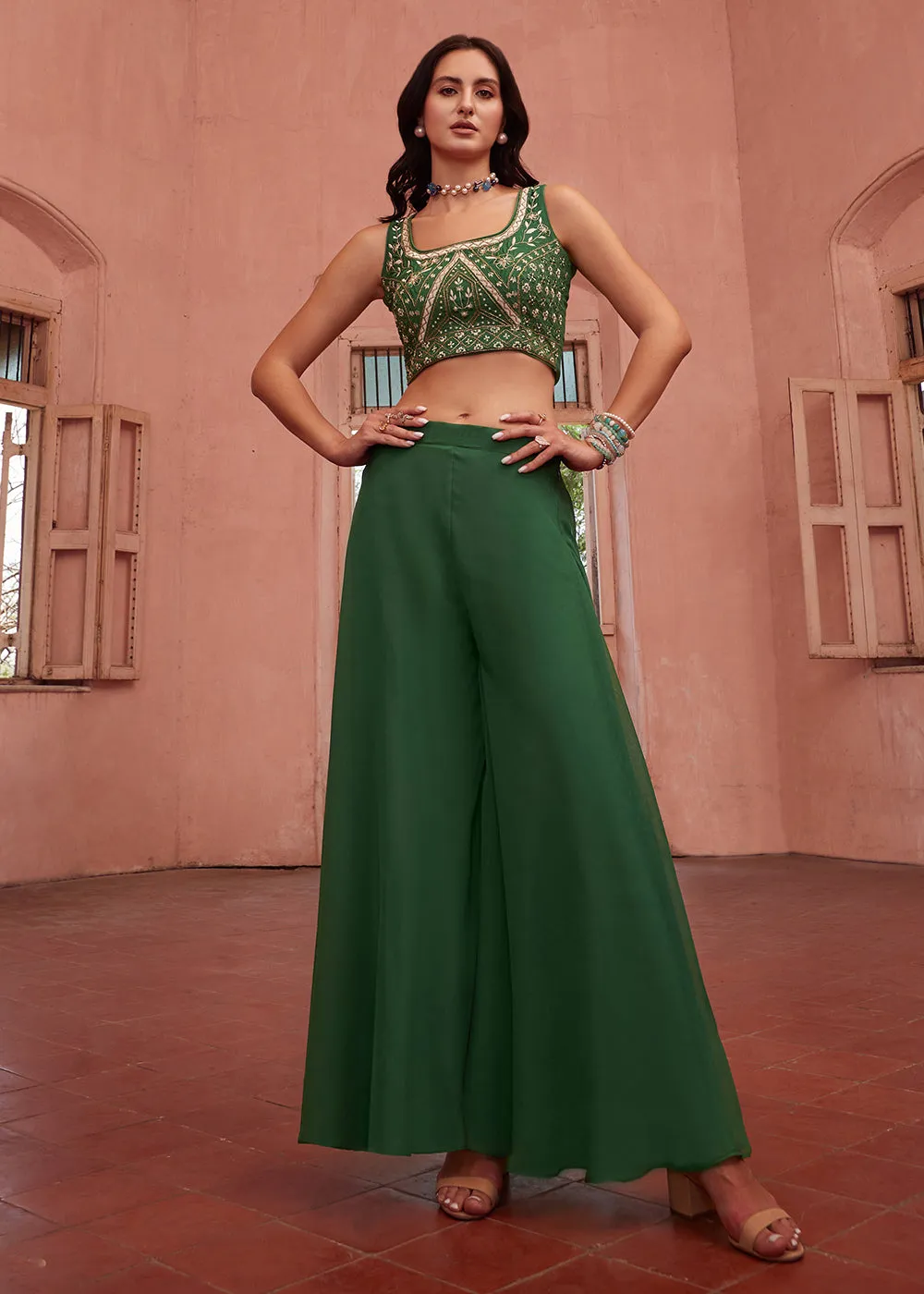 Stunning Green Designer Crop Top Style Sharara Suit