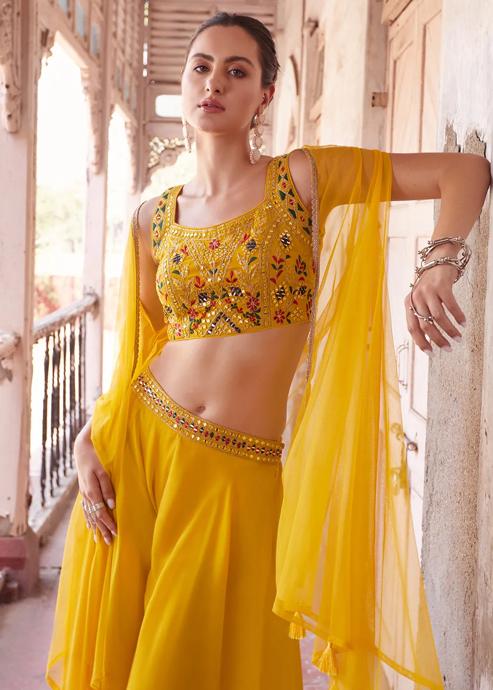 Stunning Yellow Designer Crop Top Style Sharara Suit