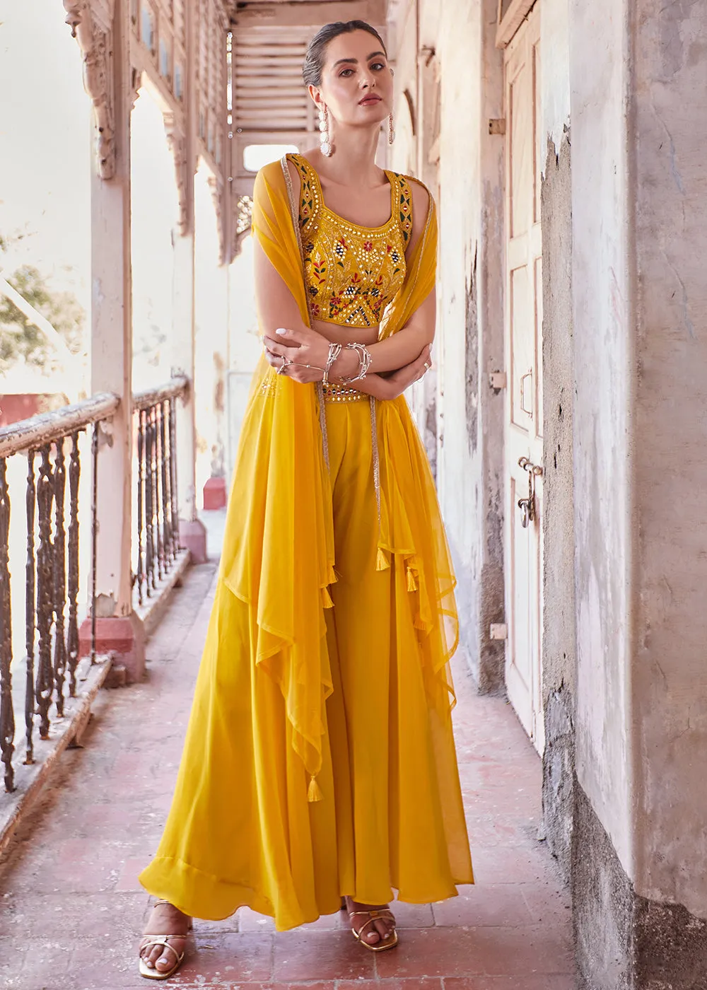 Stunning Yellow Designer Crop Top Style Sharara Suit