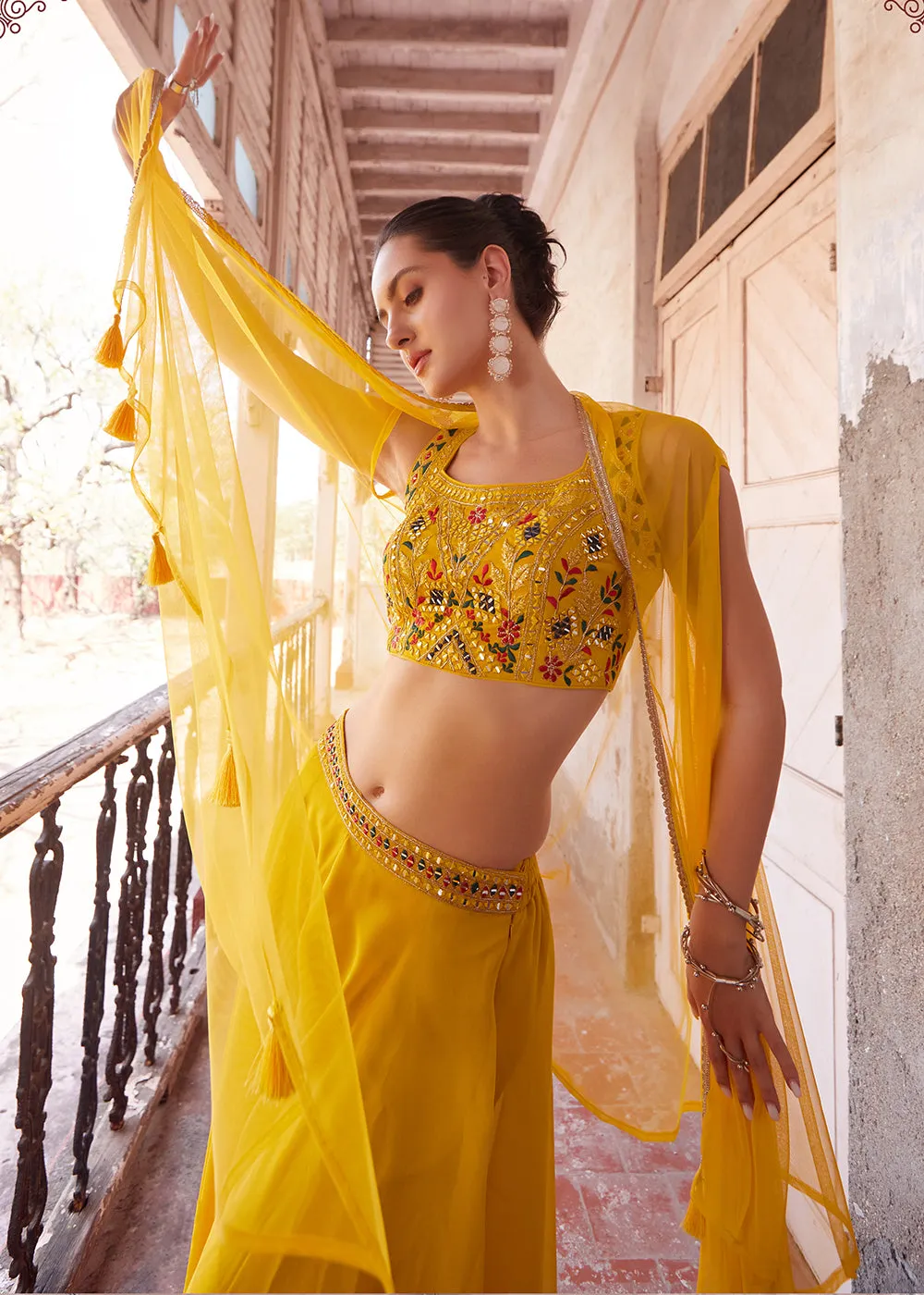 Stunning Yellow Designer Crop Top Style Sharara Suit