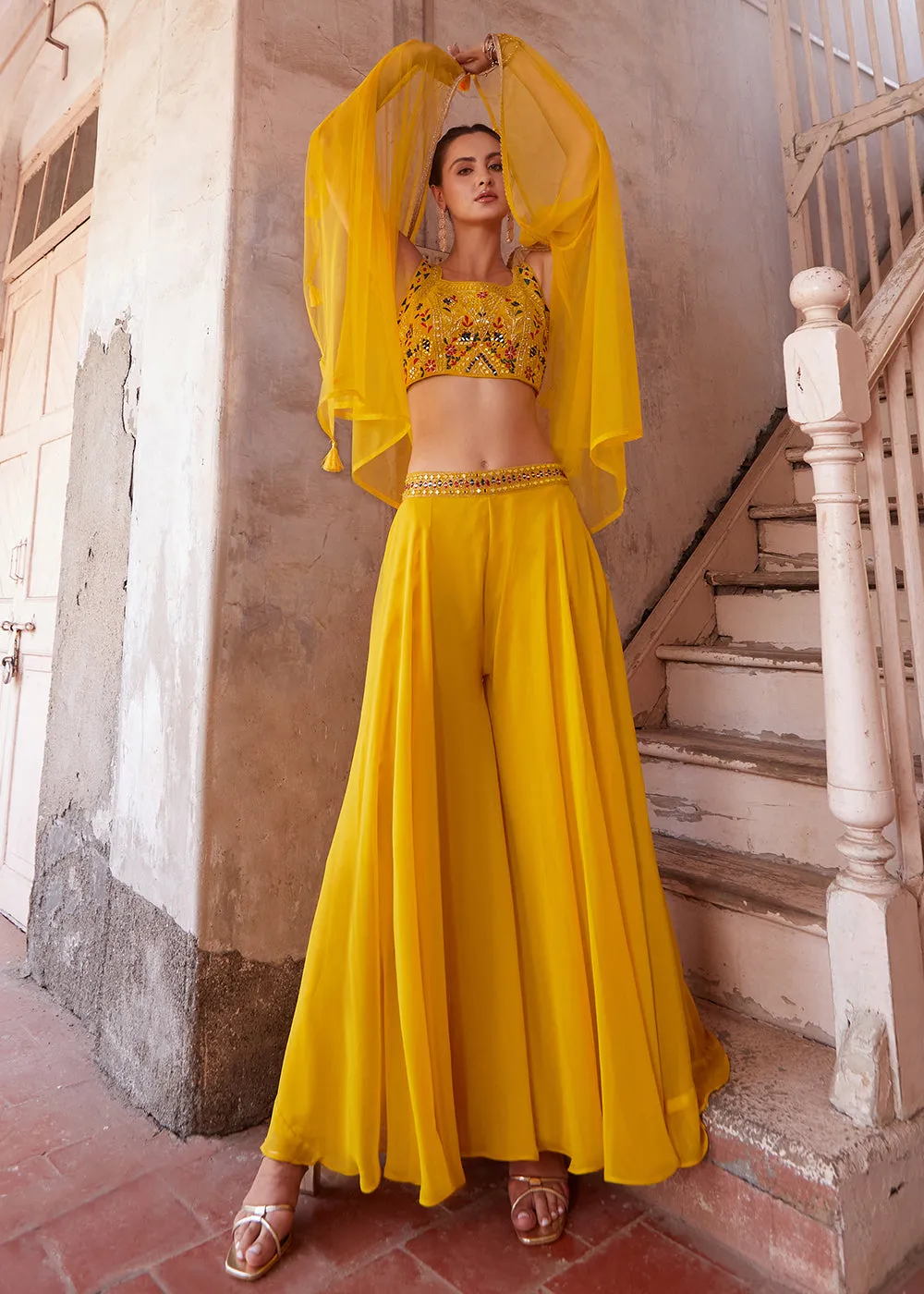 Stunning Yellow Designer Crop Top Style Sharara Suit