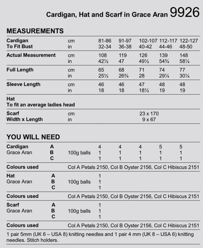 Stylecraft Grace Aran Cardigan, Hat & Scarf Knitting Pattern 9926