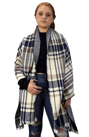 Tan Navy Reversible Oversized Plaid Tartan Herringbone Blanket Scarf