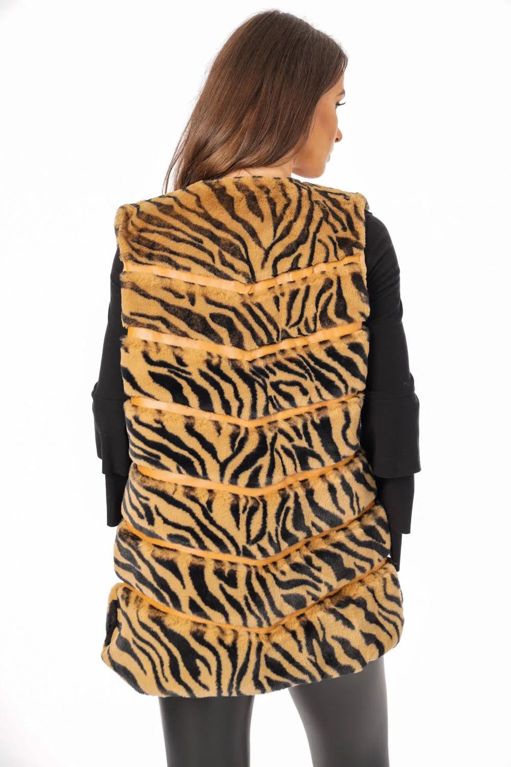 Tiger Print Chevron Soft Faux Fur Leather Panel Gilet