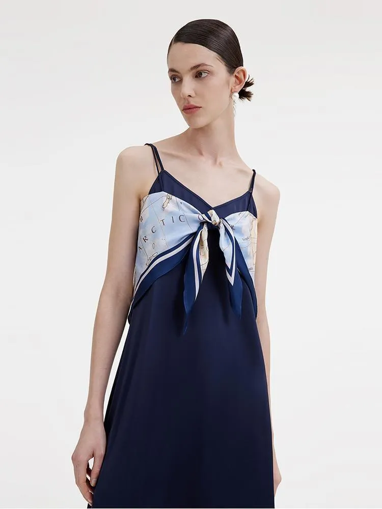 Triacetate Spaghetti Strap Dress And Map Silk Scarf Two-Piece Set