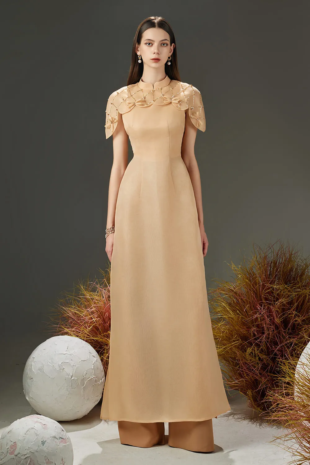 Tristan A-line Cape Sleeved Organza Floor Length Ao Dai