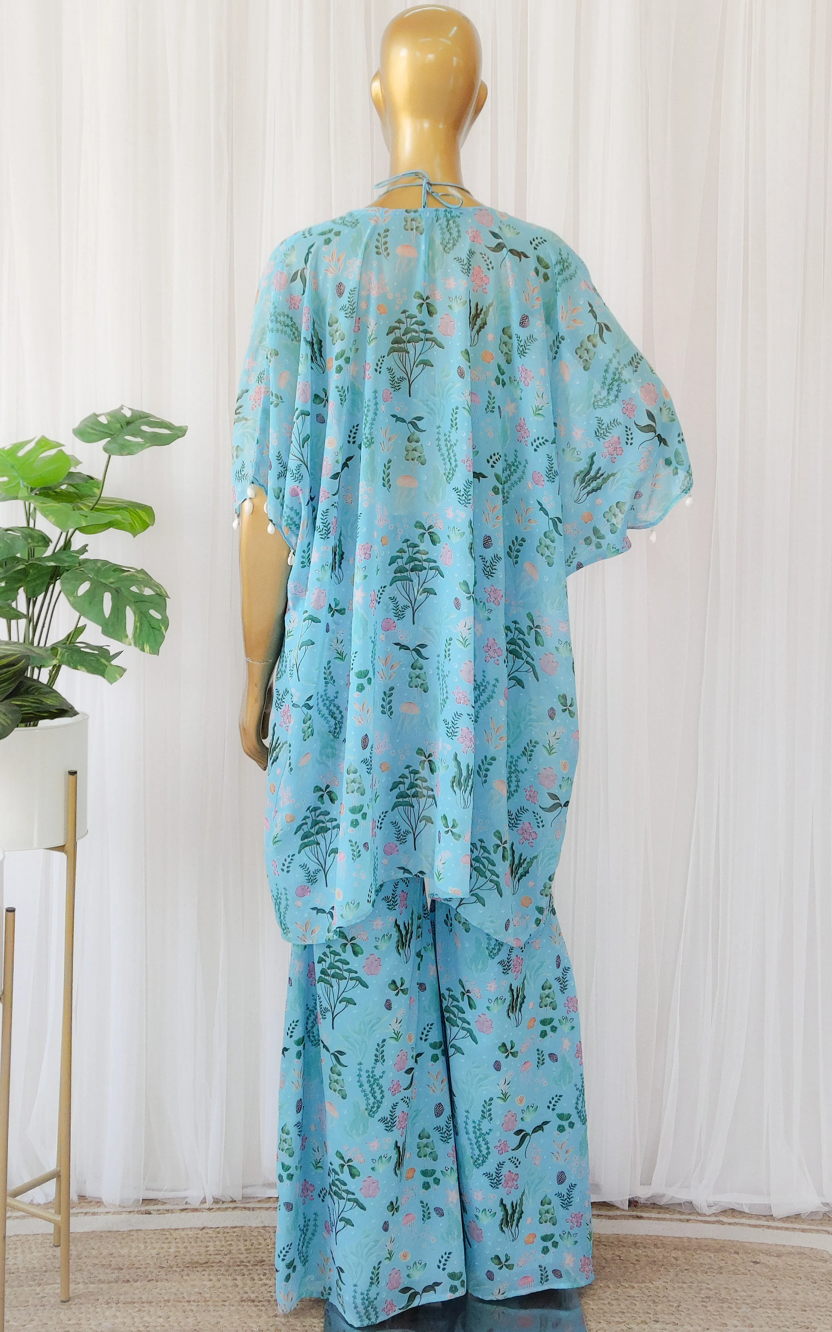 Turquoise Aquatic Print Georgette Jacket & Pant Co-ord Set