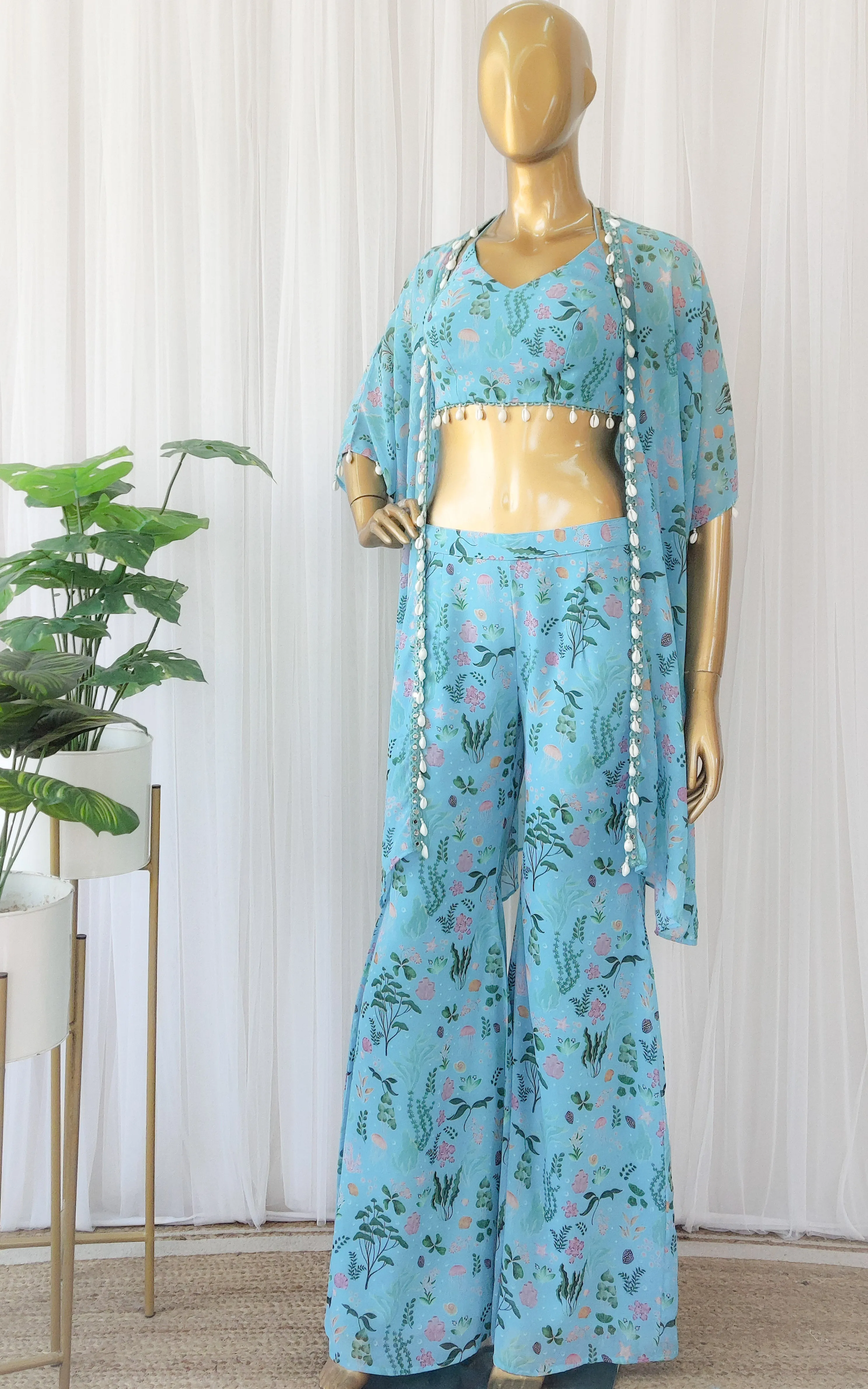 Turquoise Aquatic Print Georgette Jacket & Pant Co-ord Set