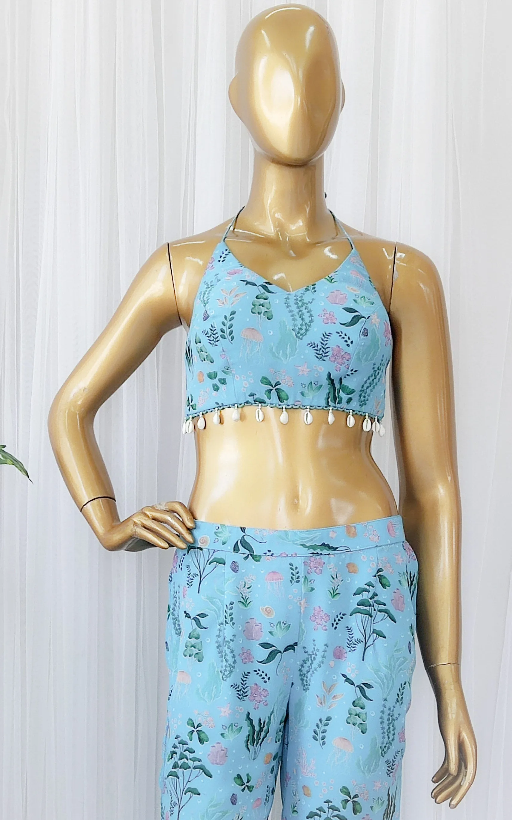 Turquoise Aquatic Print Georgette Jacket & Pant Co-ord Set