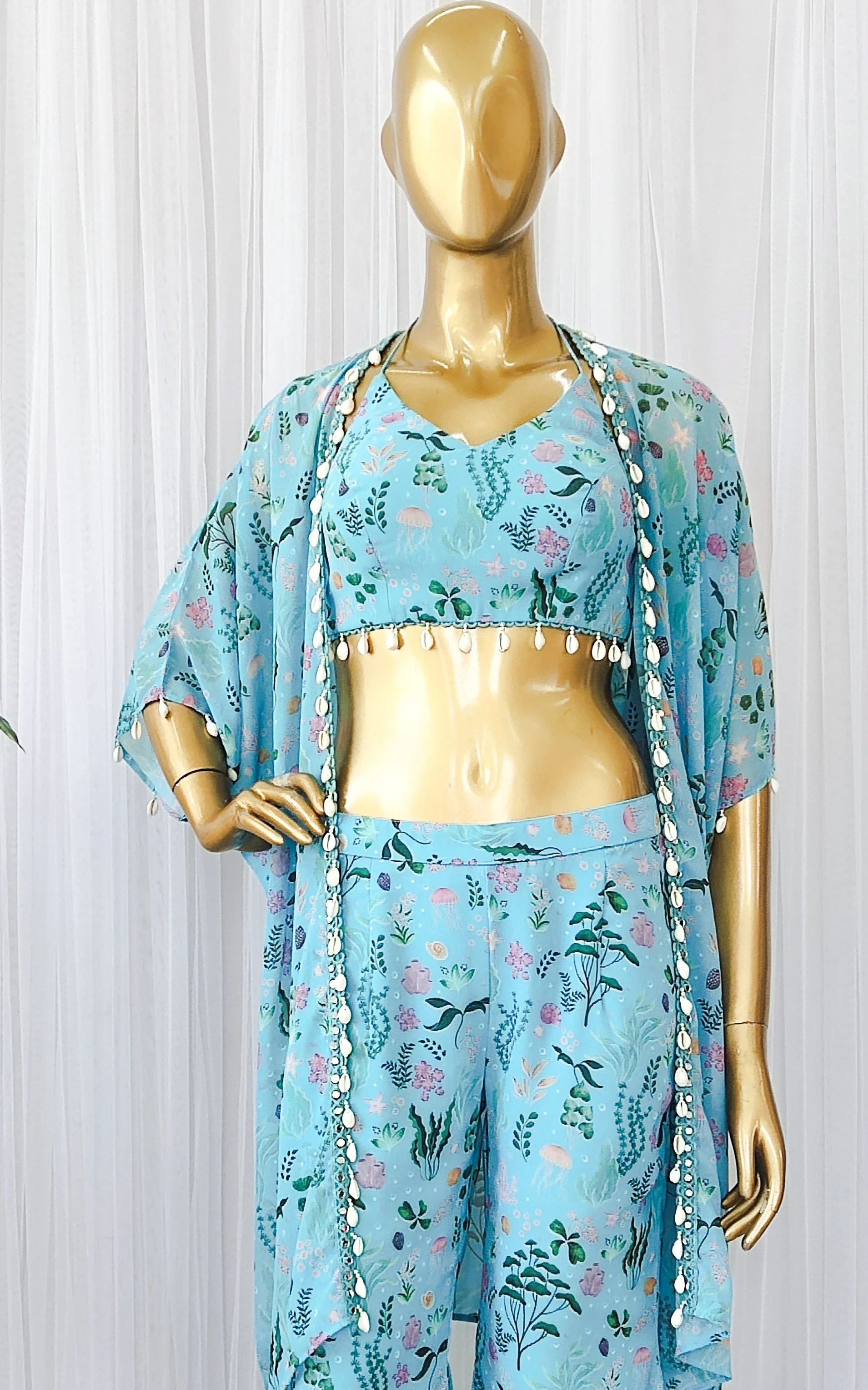 Turquoise Aquatic Print Georgette Jacket & Pant Co-ord Set