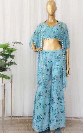 Turquoise Aquatic Print Georgette Jacket & Pant Co-ord Set