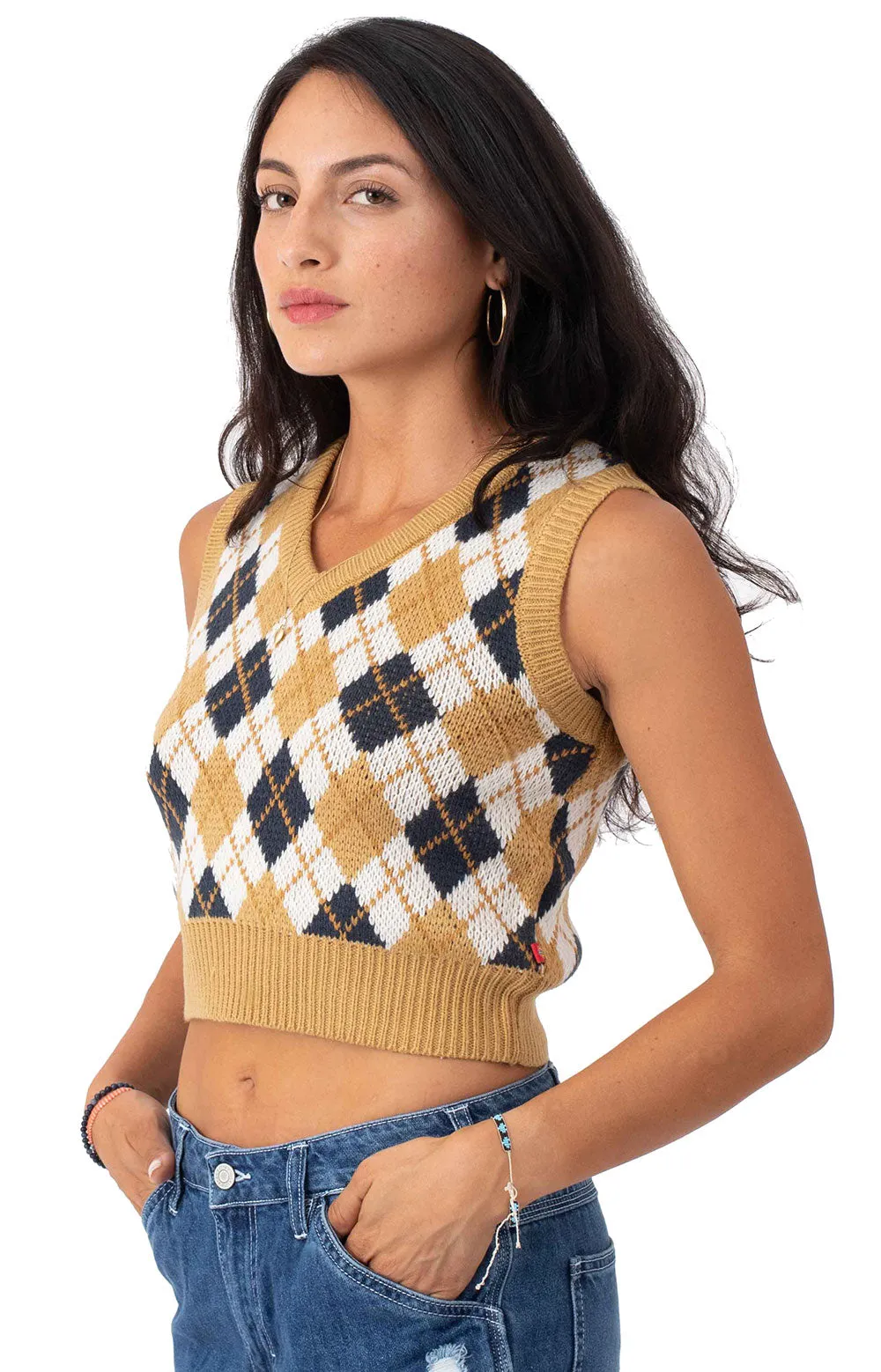 V-Neck Sweater Vest - Ginger Cream Argyle