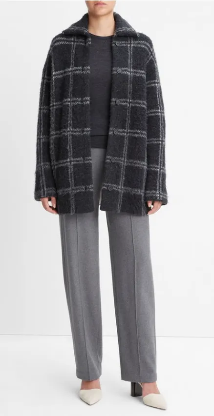 Vince Charcoal Alpaca and Wool Plaid Car Cardigan