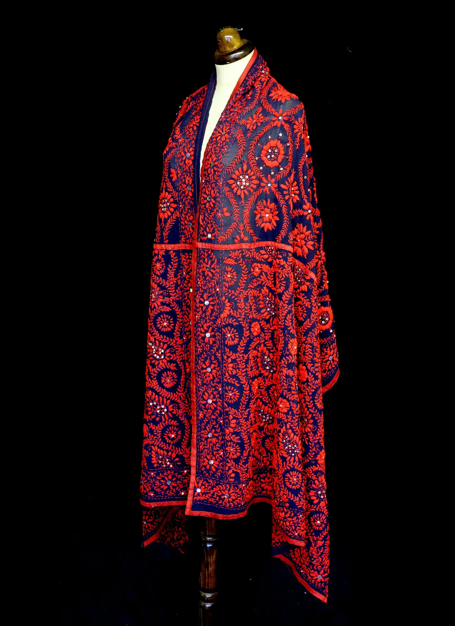 Vintage Indian Red Phulkari Embroidered Long Wrap