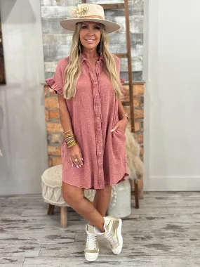 Washed Ruffle Sleeve Gauze Button Down Dress