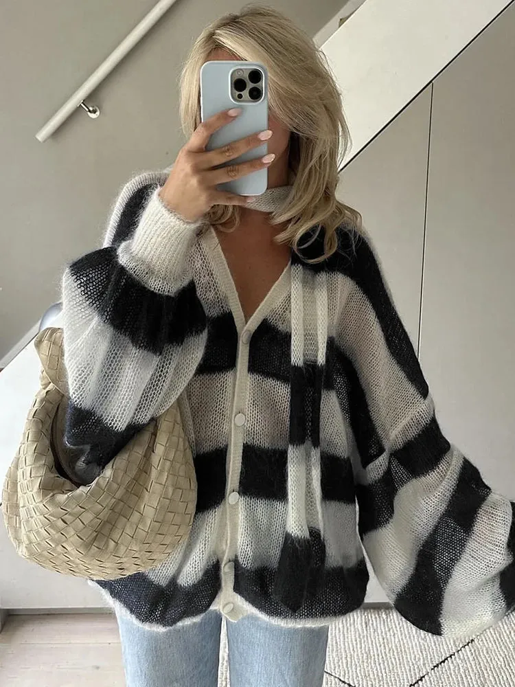 Wenkouban-Black Friday Christmas Party Outfits  Knit Striped Two Piece Sets Cardigan Women Sweater With Scarf Long Sleeve Button Sweater Winter Loose Casual Streetwear