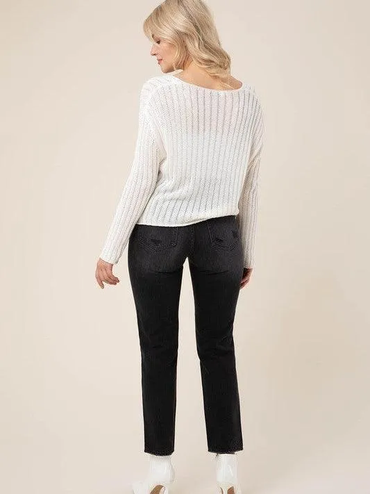 White Noise Ribbed Knit V-neck Sweater