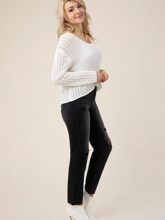 White Noise Ribbed Knit V-neck Sweater