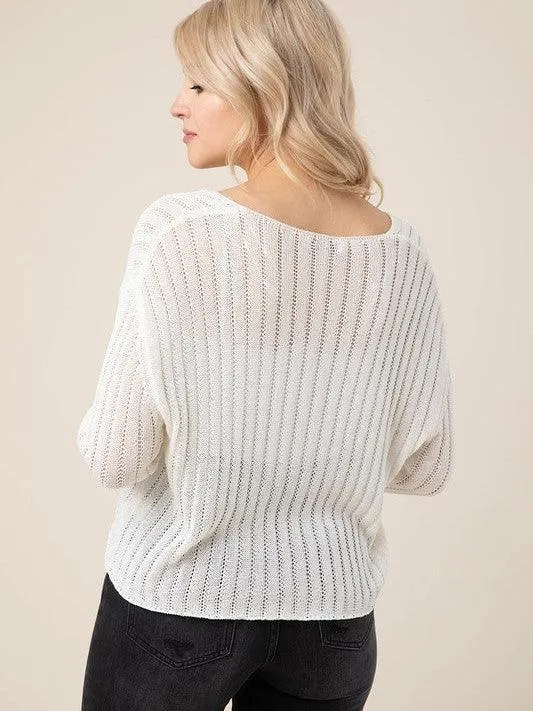 White Noise Ribbed Knit V-neck Sweater