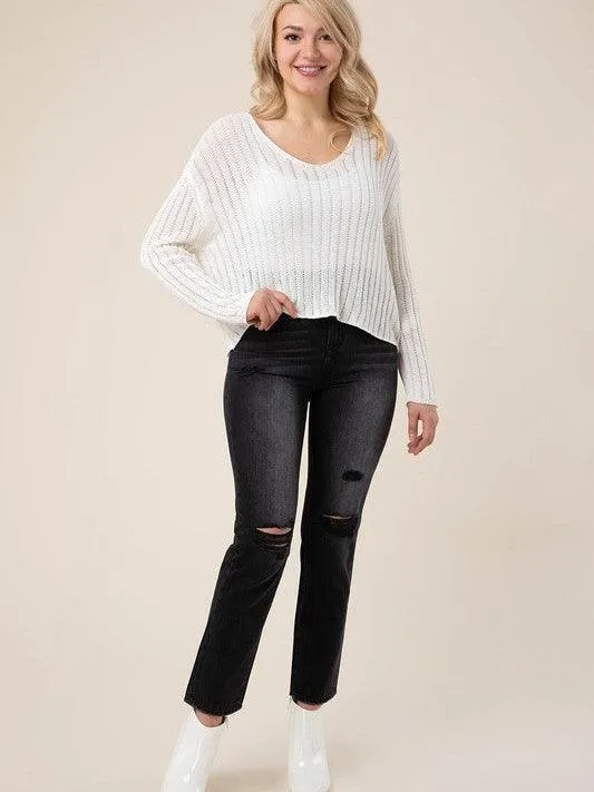 White Noise Ribbed Knit V-neck Sweater