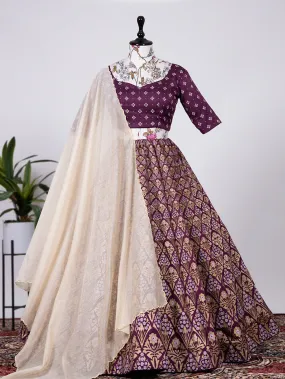 Wine Color Aada Slub Silk Foil Printed Lehenga Choli With Chanderi Dupatta