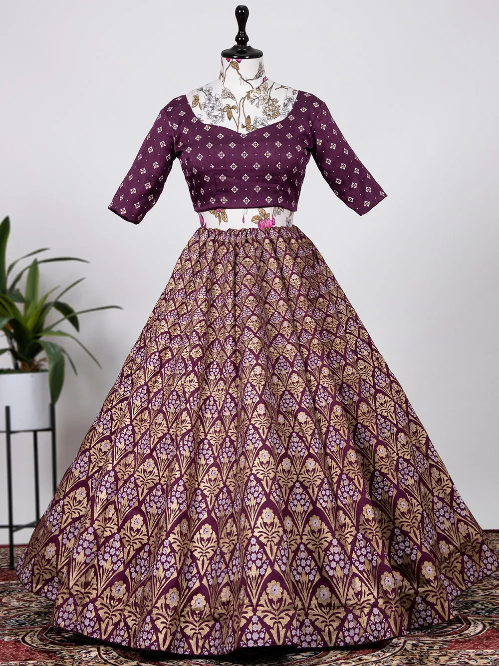 Wine Color Aada Slub Silk Foil Printed Lehenga Choli With Chanderi Dupatta