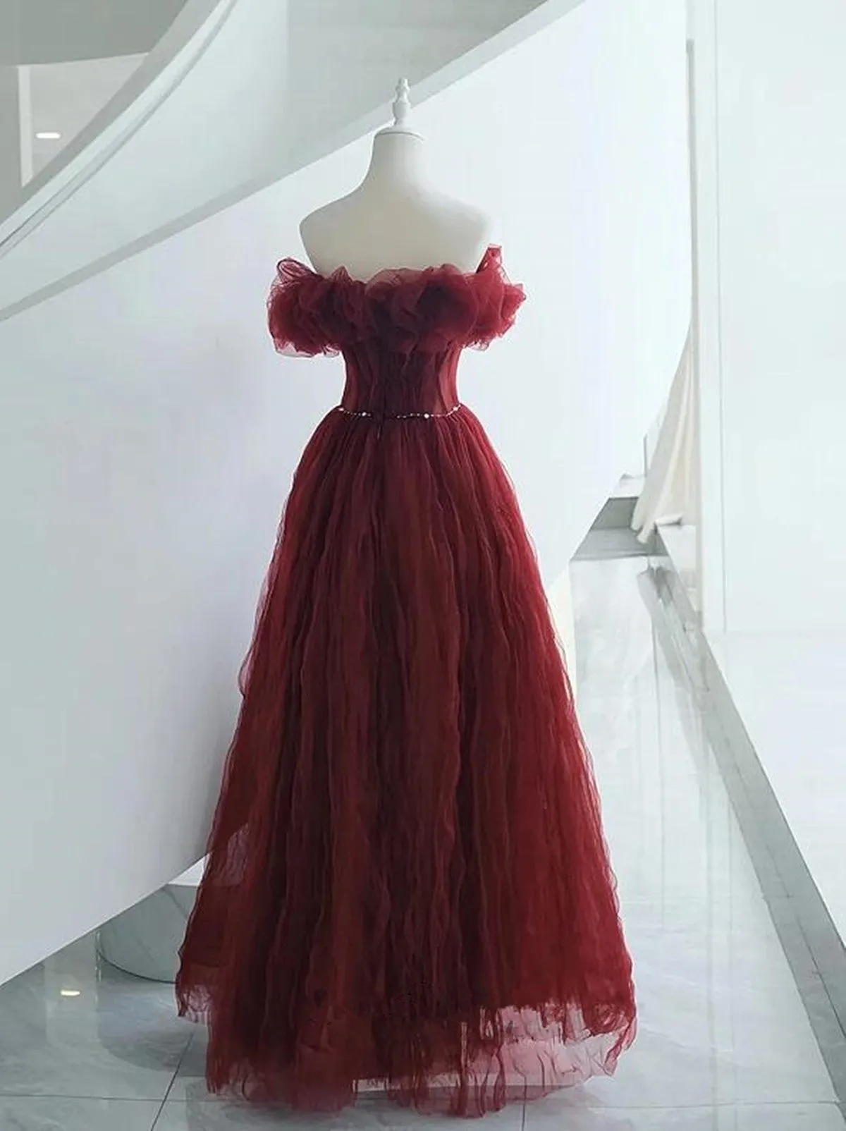 Wine Red Chic Off Shoulder Tulle Long Evening Dress, Wine Red A-line Prom Dress