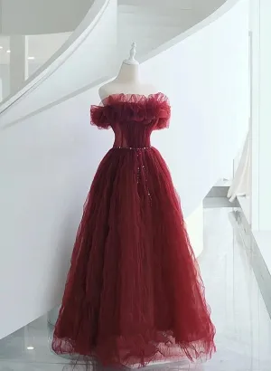 Wine Red Chic Off Shoulder Tulle Long Evening Dress, Wine Red A-line Prom Dress