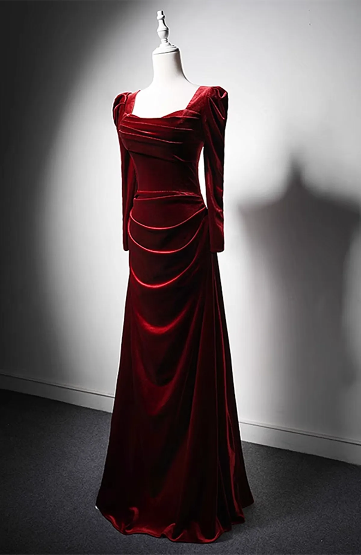 Wine Red Long Sleeves Velvet Long Party Dress, Wine Red A-line Prom Dress Wedding Party Dress