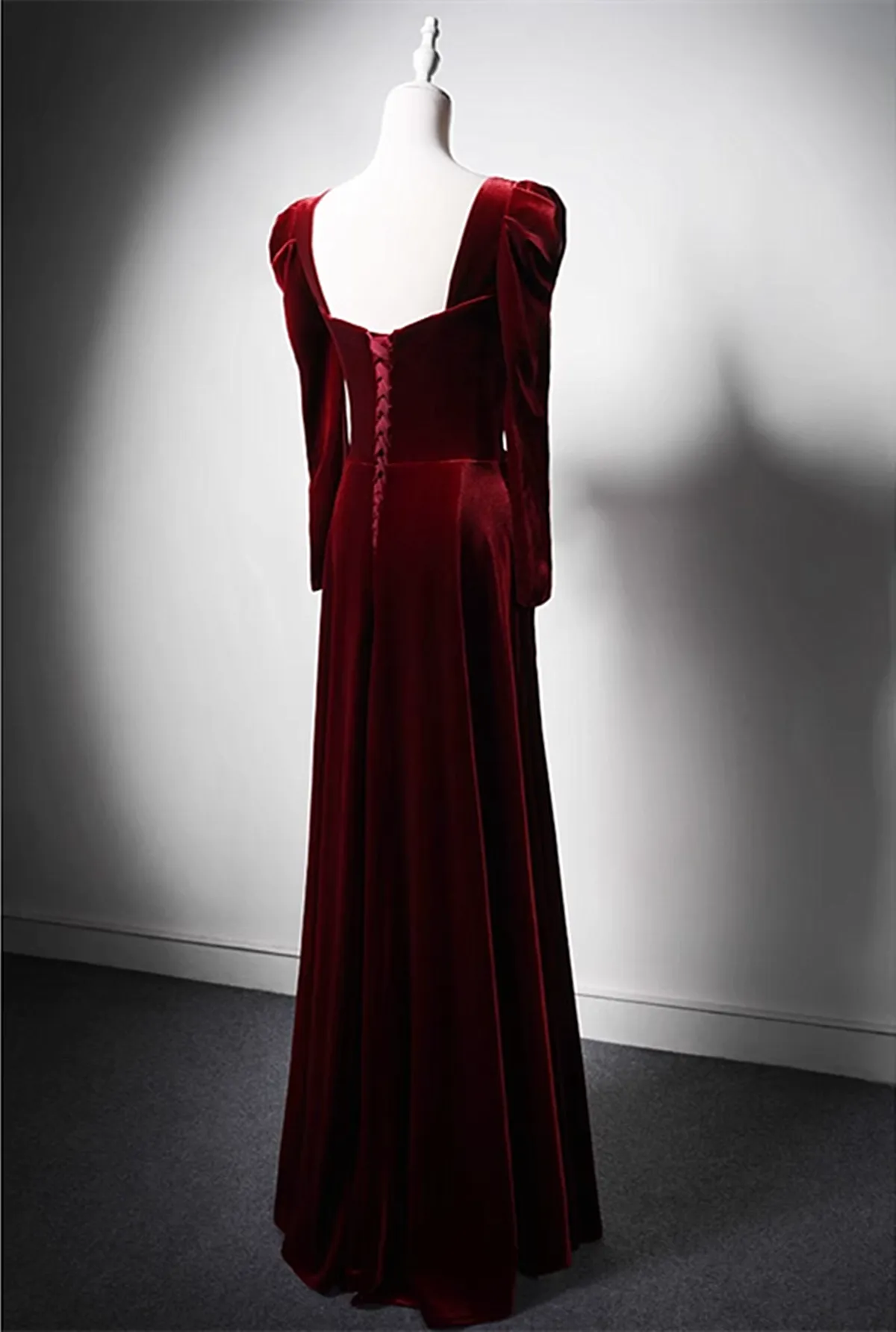 Wine Red Long Sleeves Velvet Long Party Dress, Wine Red A-line Prom Dress Wedding Party Dress