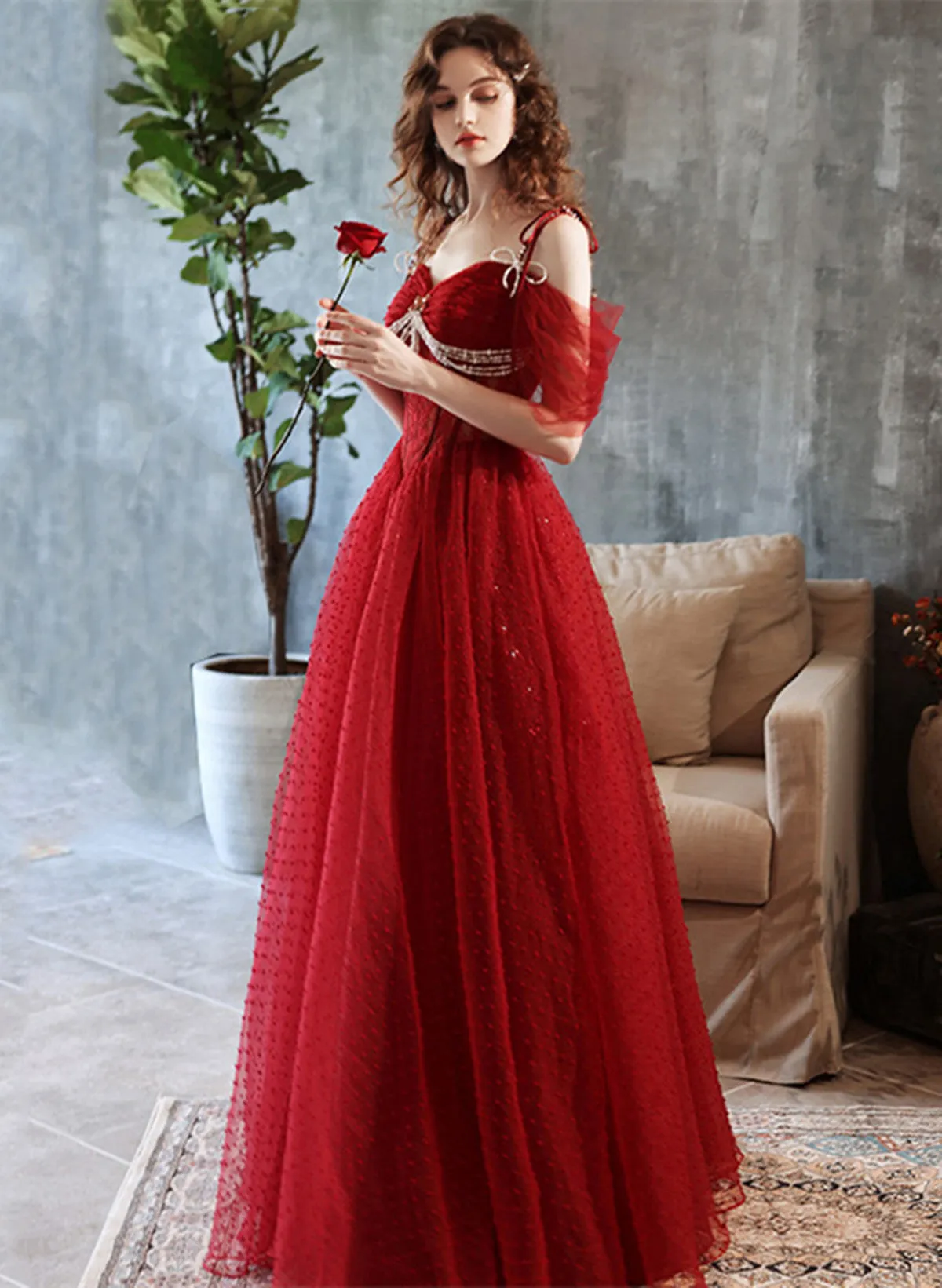 Wine Red Off Shoulder Beaded Long Formal Dress, A-line Wine Red Prom Dress